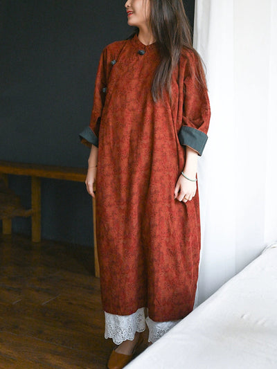 Women Autumn Ethnic Flower Stand Collar 100%Cotton Robe Dress