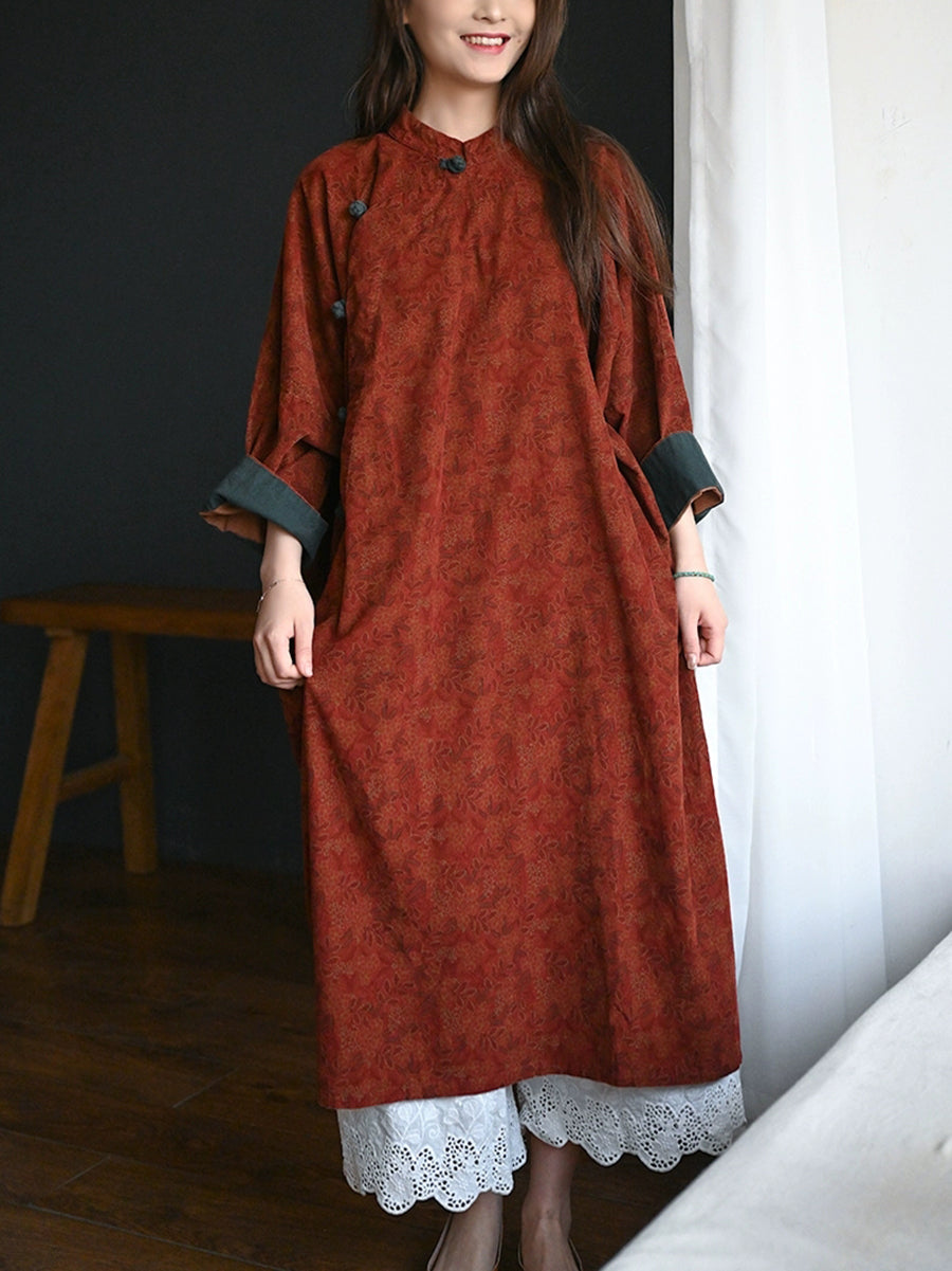 Women Autumn Ethnic Flower Stand Collar 100%Cotton Robe Dress