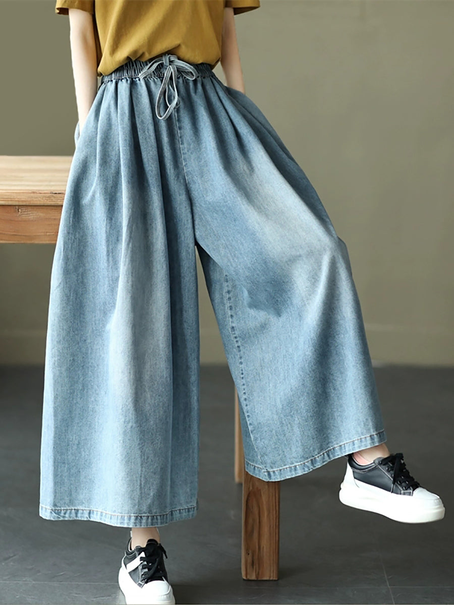 Women Summer Casual Pure Color Denim Wide-leg Pants