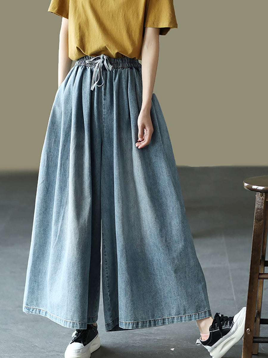 Women Summer Casual Pure Color Denim Wide-leg Pants