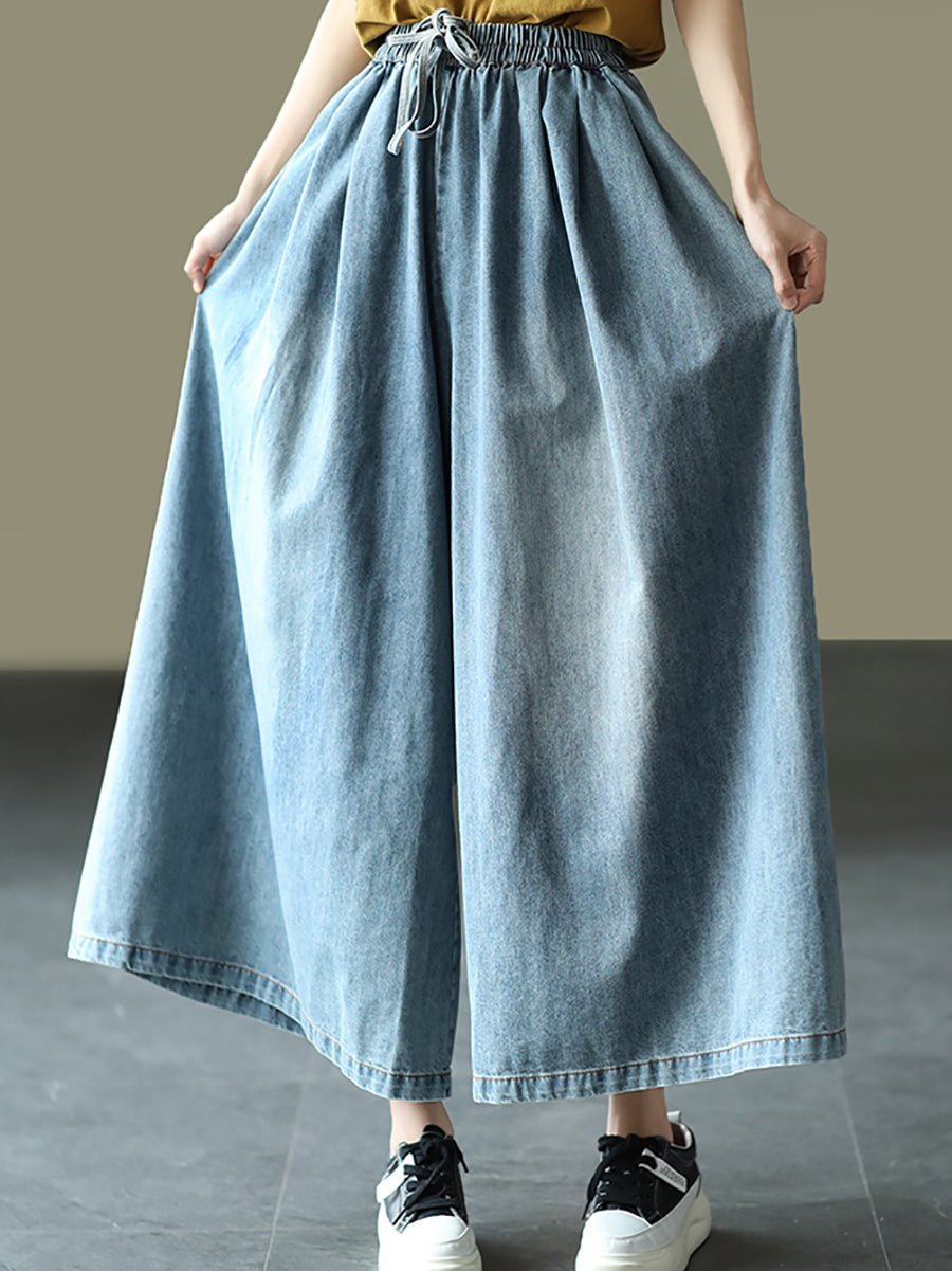 Women Summer Casual Pure Color Denim Wide-leg Pants