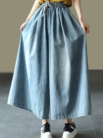 Women Summer Casual Pure Color Denim Wide-leg Pants
