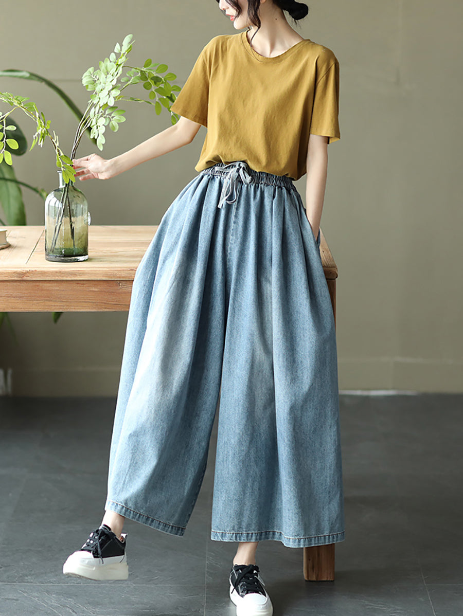 Women Summer Casual Pure Color Denim Wide-leg Pants
