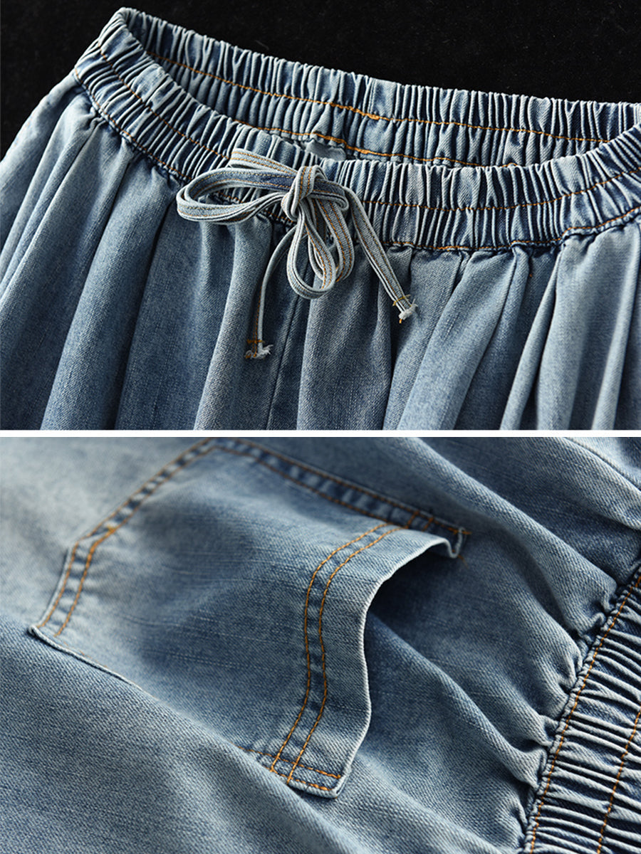 Women Summer Casual Pure Color Denim Wide-leg Pants