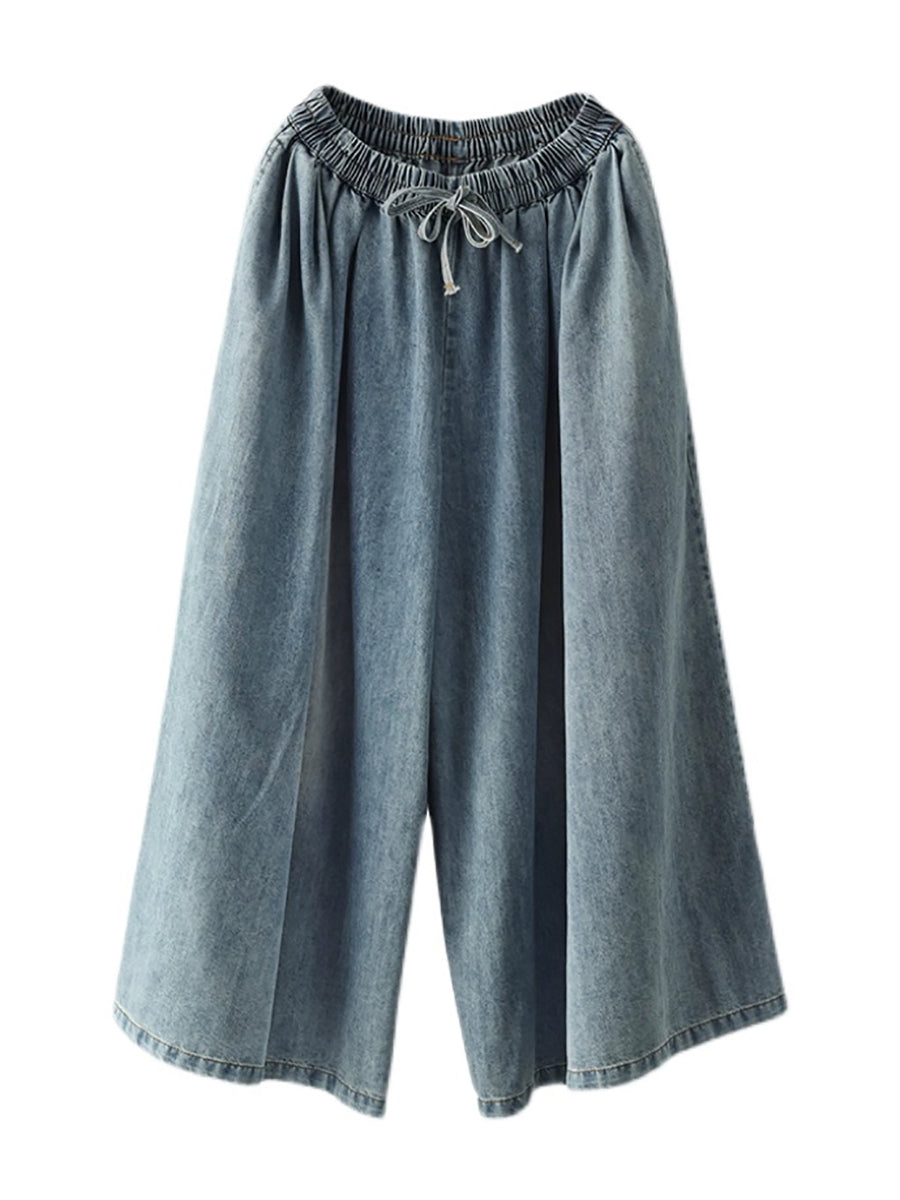 Women Summer Casual Pure Color Denim Wide-leg Pants