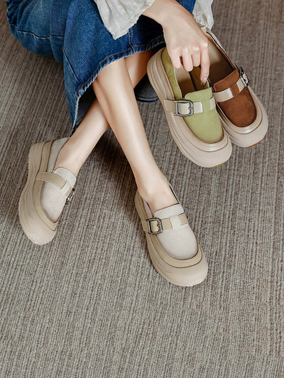 Women Autumn Colorblock Leather Flat Shoes