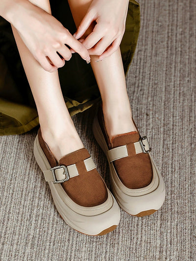 Women Autumn Colorblock Leather Flat Shoes