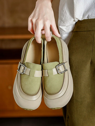 Women Autumn Colorblock Leather Flat Shoes