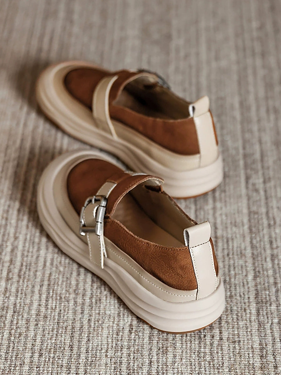 Women Autumn Colorblock Leather Flat Shoes