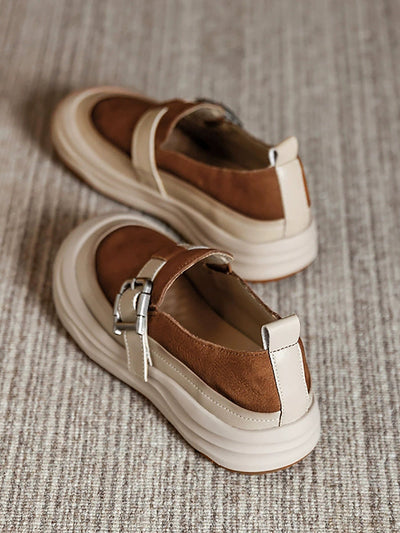 Women Autumn Colorblock Leather Flat Shoes