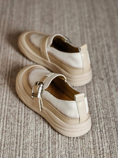 Women Autumn Colorblock Leather Flat Shoes