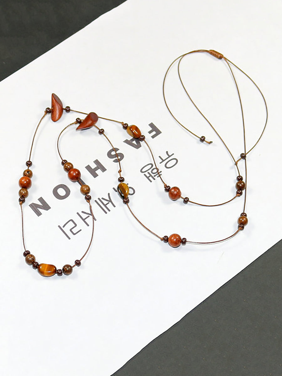 Women Vintage Beads Wood Weave Necklace
