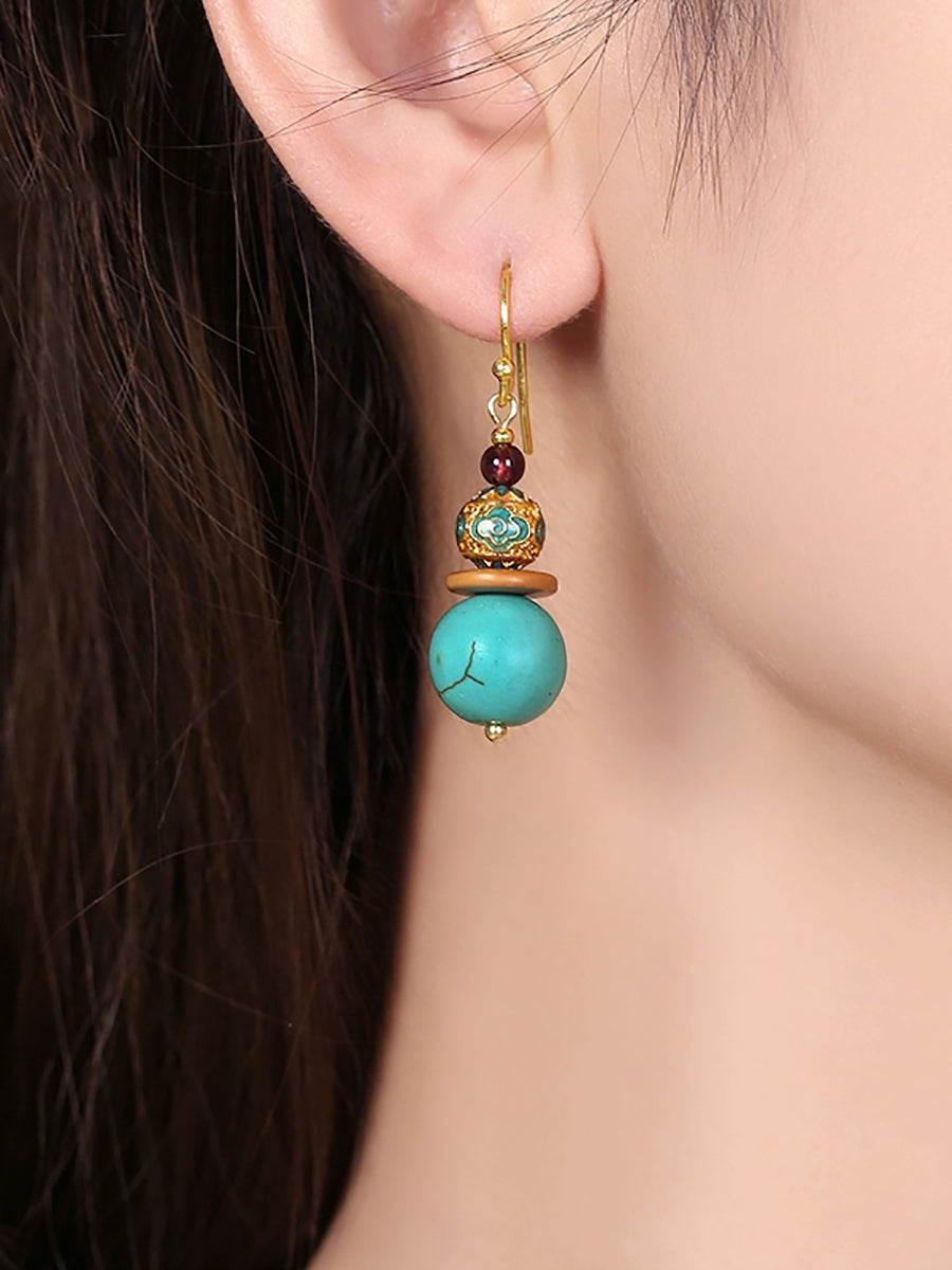 Women Turquoise Cloisonne S925Silver Plated Glod Earrings