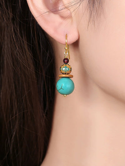 Women Turquoise Cloisonne S925Silver Plated Glod Earrings