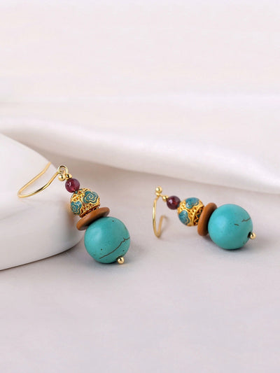 Women Turquoise Cloisonne S925Silver Plated Glod Earrings