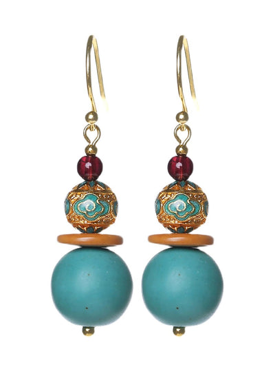 Women Turquoise Cloisonne S925Silver Plated Glod Earrings
