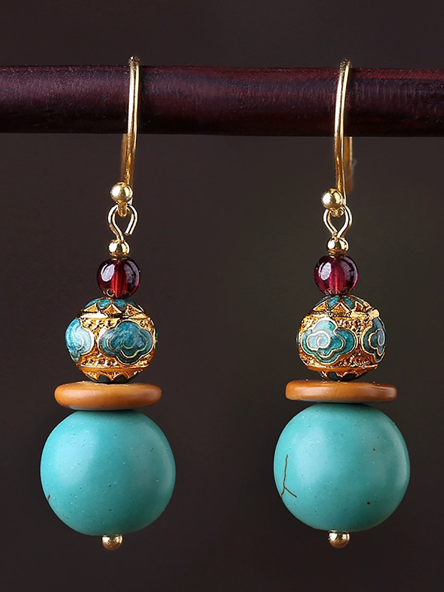 Women Turquoise Cloisonne S925Silver Plated Glod Earrings