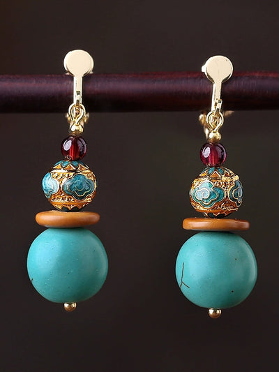 Women Turquoise Cloisonne S925Silver Plated Glod Earrings