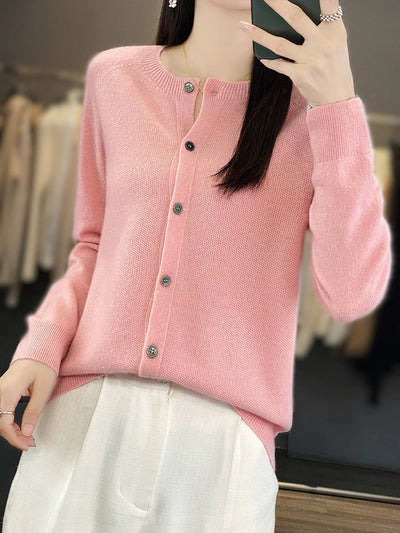 Women Autumn Casual O-Neck Knitted Wool Cardigan Sweater