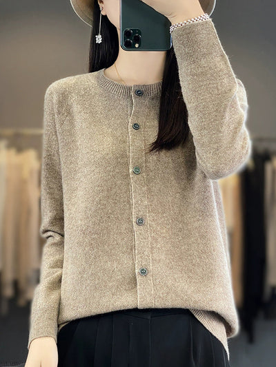 Women Autumn Casual O-Neck Knitted Wool Cardigan Sweater