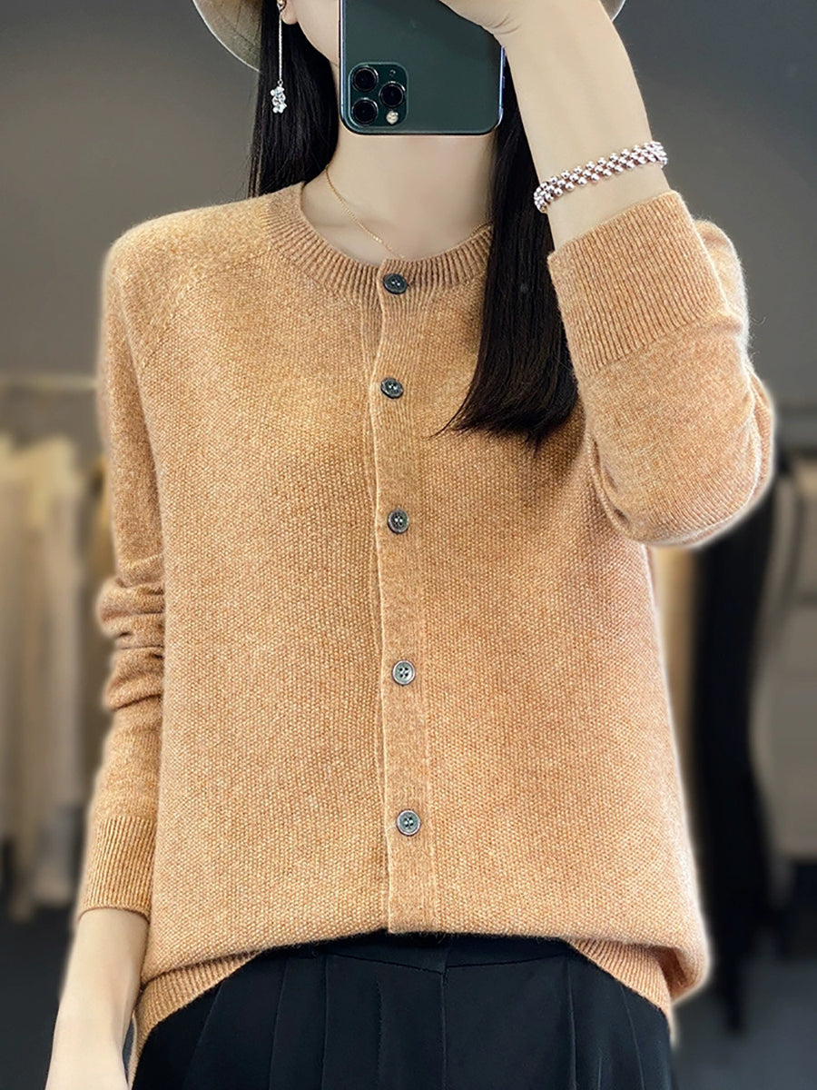 Women Autumn Casual O-Neck Knitted Wool Cardigan Sweater