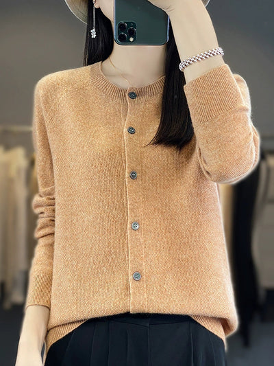 Women Autumn Casual O-Neck Knitted Wool Cardigan Sweater