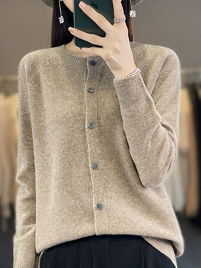 Women Autumn Casual O-Neck Knitted Wool Cardigan Sweater