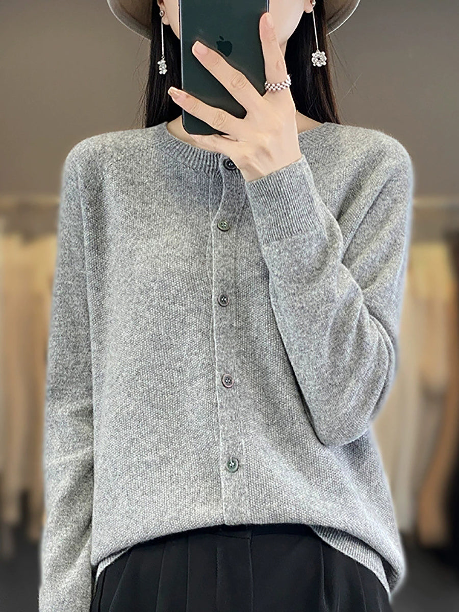 Women Autumn Casual O-Neck Knitted Wool Cardigan Sweater