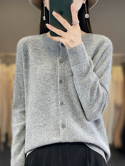 Women Autumn Casual O-Neck Knitted Wool Cardigan Sweater