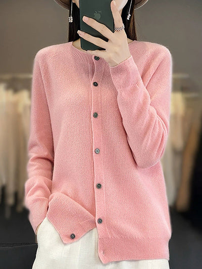 Women Autumn Casual O-Neck Knitted Wool Cardigan Sweater