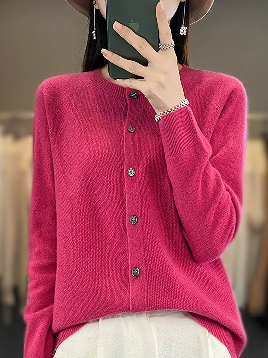 Women Autumn Casual O-Neck Knitted Wool Cardigan Sweater