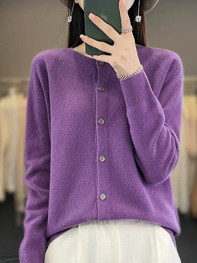 Women Autumn Casual O-Neck Knitted Wool Cardigan Sweater