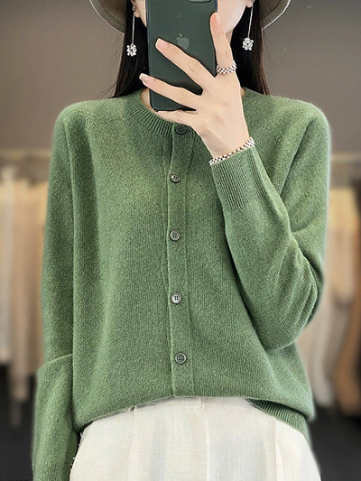 Women Autumn Casual O-Neck Knitted Wool Cardigan Sweater