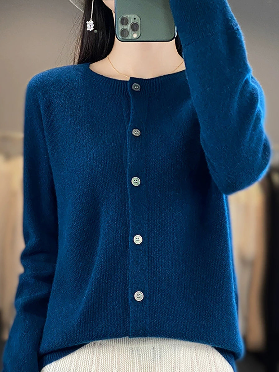 Women Autumn Casual O-Neck Knitted Wool Cardigan Sweater