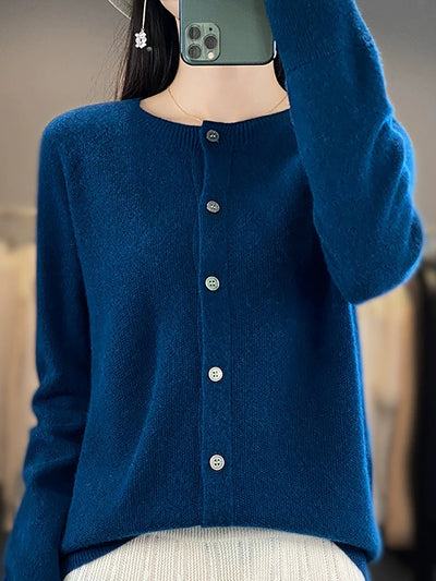 Women Autumn Casual O-Neck Knitted Wool Cardigan Sweater