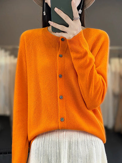 Women Autumn Casual O-Neck Knitted Wool Cardigan Sweater