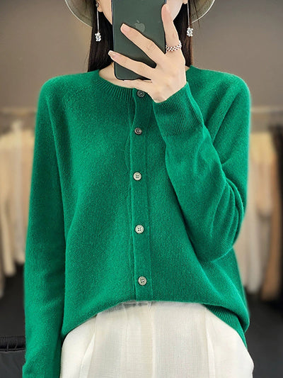 Women Autumn Casual O-Neck Knitted Wool Cardigan Sweater