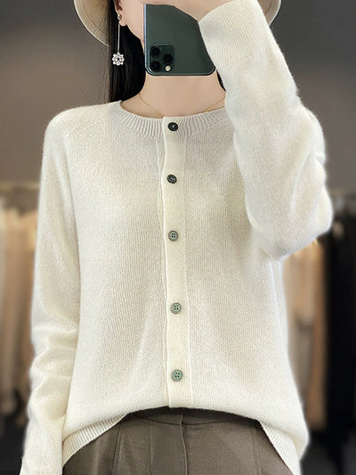 Women Autumn Casual O-Neck Knitted Wool Cardigan Sweater