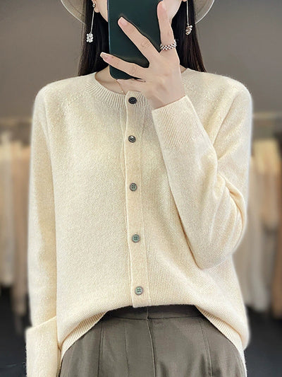 Women Autumn Casual O-Neck Knitted Wool Cardigan Sweater