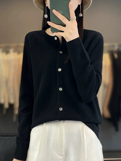 Women Autumn Casual O-Neck Knitted Wool Cardigan Sweater
