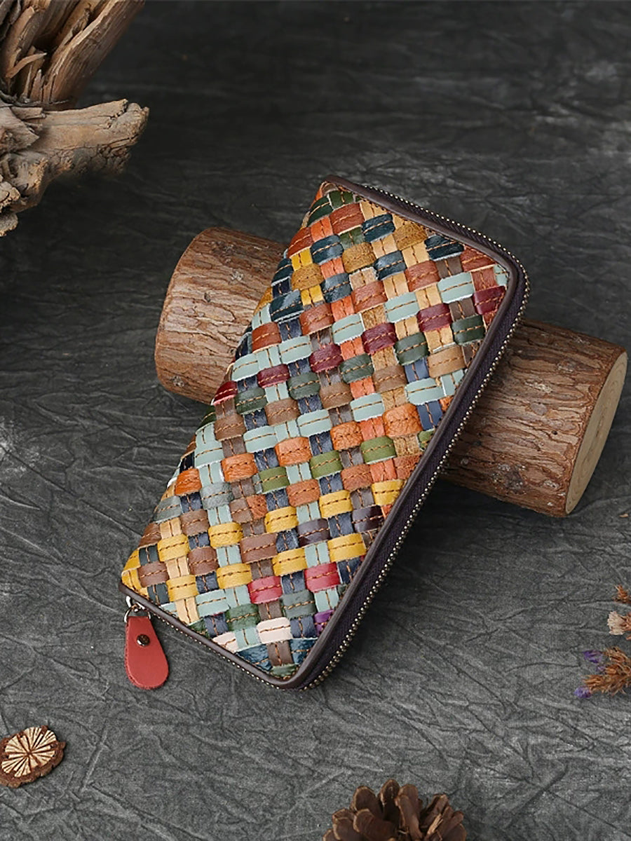 Women Vintage Multicolor Leather Weave Multifunction Wallet
