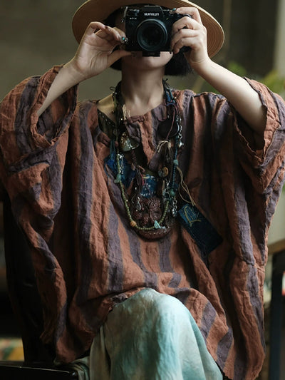 Women Summer Retro Stripe Patch O-Neck Linen Shirt