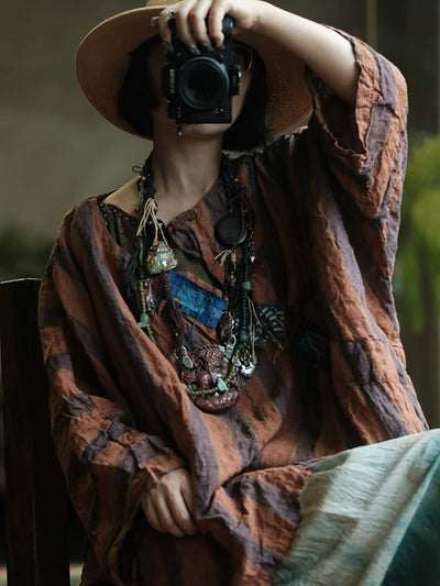 Women Summer Retro Stripe Patch O-Neck Linen Shirt