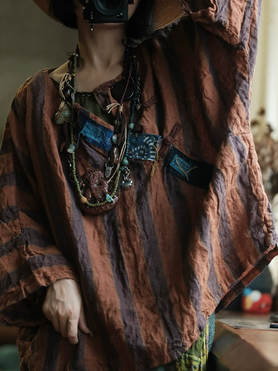 Women Summer Retro Stripe Patch O-Neck Linen Shirt