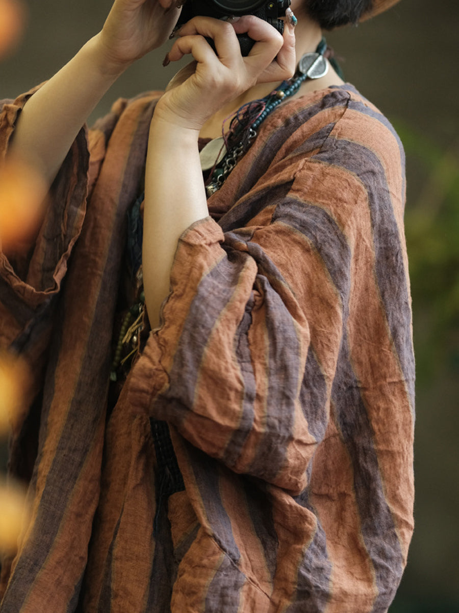 Women Summer Retro Stripe Patch O-Neck Linen Shirt