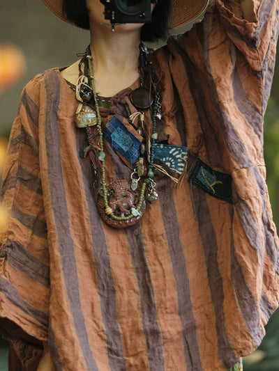 Women Summer Retro Stripe Patch O-Neck Linen Shirt