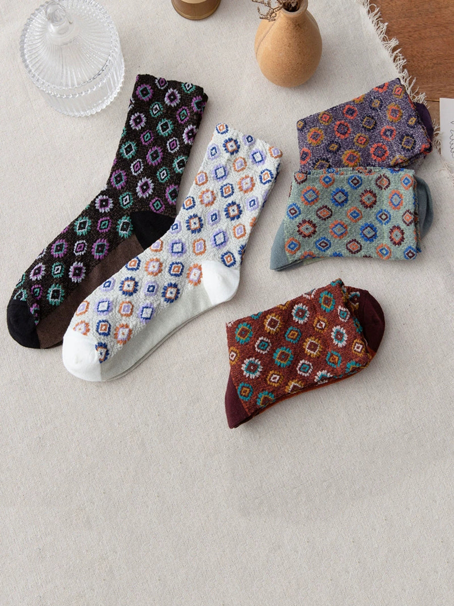 5 Pairs Women Artsy Flower Cotton Mid-Heel Socks