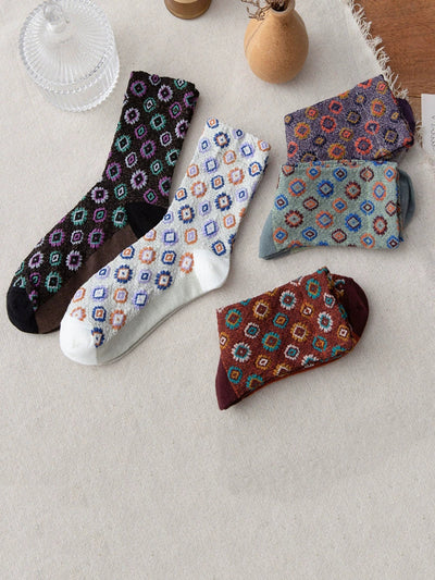5 Pairs Women Artsy Flower Cotton Mid-Heel Socks