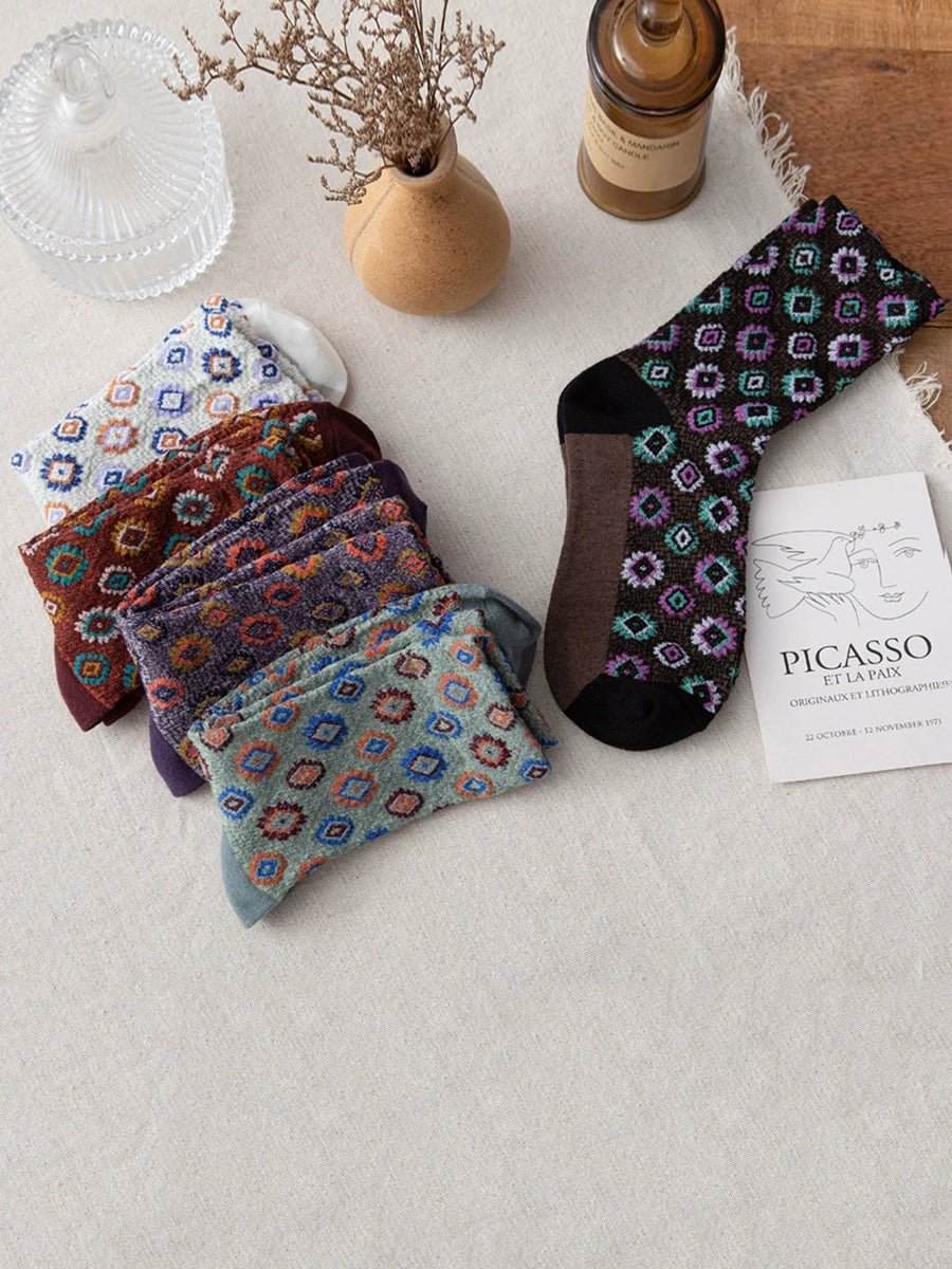 5 Pairs Women Artsy Flower Cotton Mid-Heel Socks