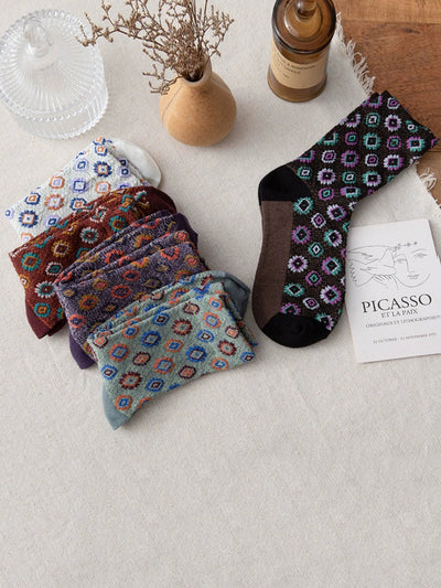 5 Pairs Women Artsy Flower Cotton Mid-Heel Socks